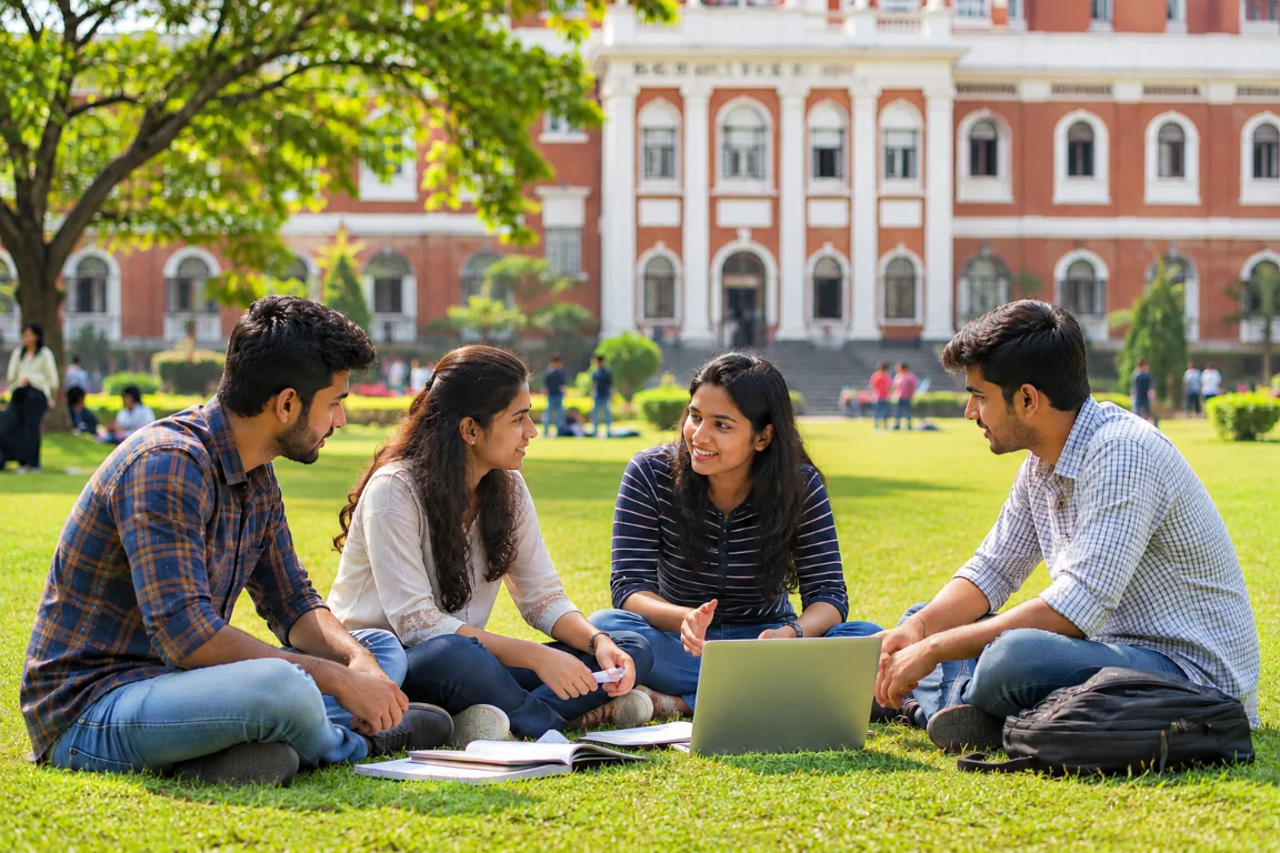 Students discussing research on campus